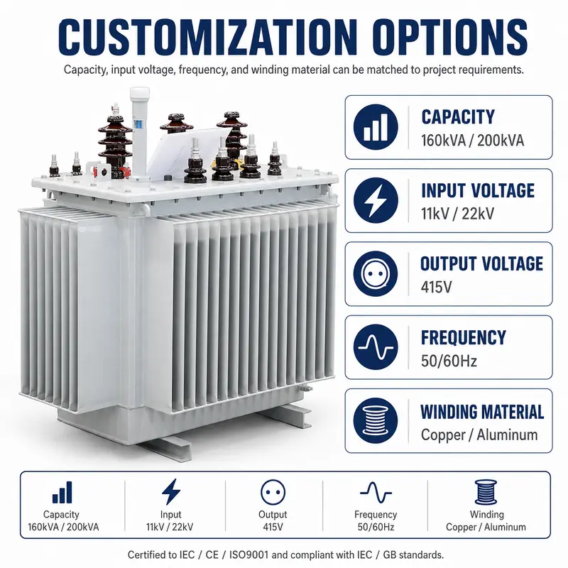 160kVA & 200kVA 11/22kV to 415V Three-Phase Oil-Immersed Distribution Transformer — detail 4