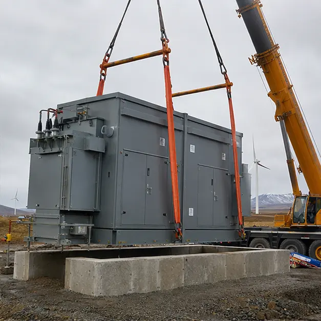 Crane lifting a prefabricated substation enclosure onto a concrete foundation with wind turbines behind