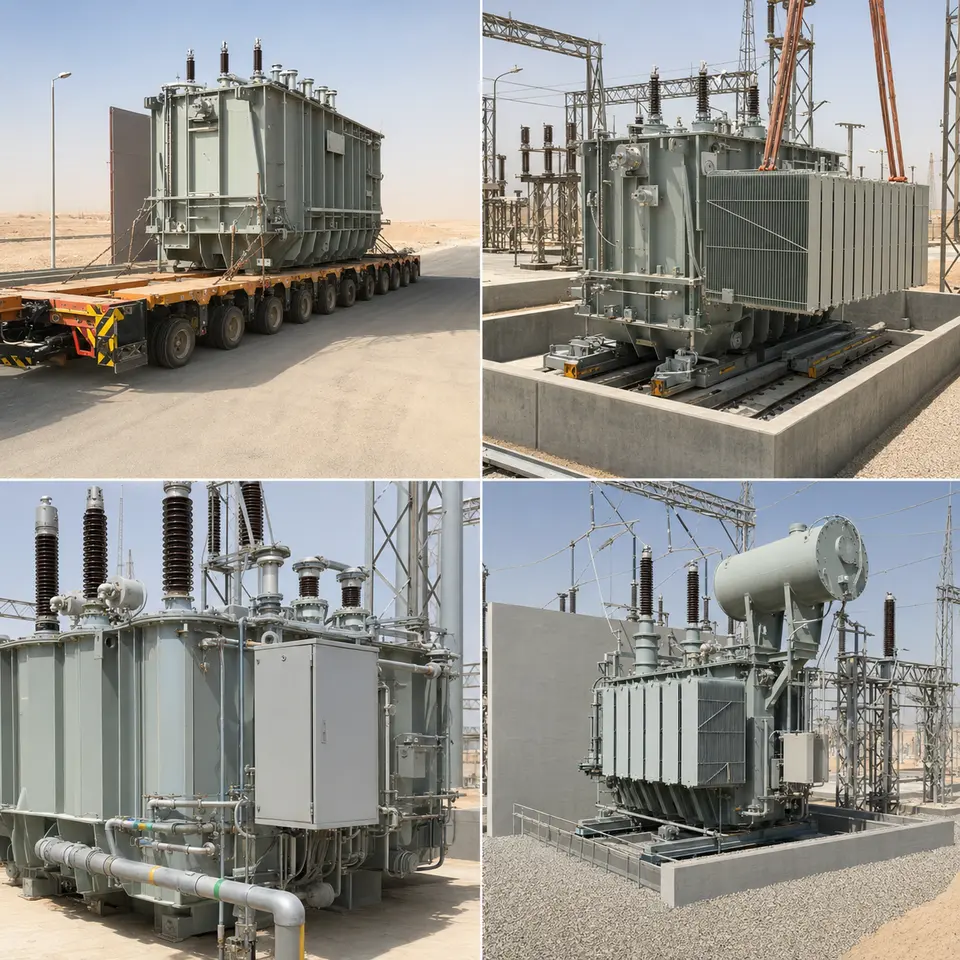 Contact sheet illustrating four stages of a grid transformer installation: heavy transport, radiator assembly and placement, bushing and auxiliary work, finished bay