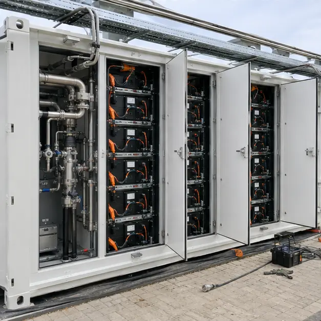 Interior view showing battery racks with liquid-cooling manifolds and pipework inside a storage container