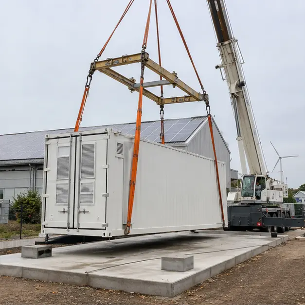 A crane lowering a battery energy storage container onto a concrete foundation
