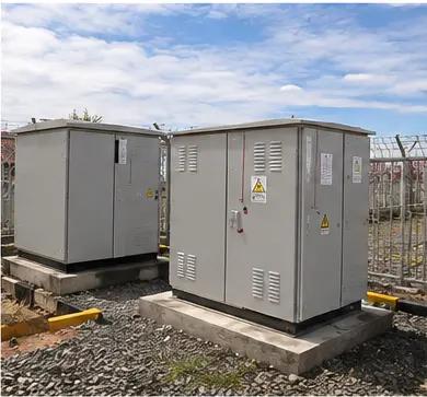 Row of power distribution cabinets with cable entries and earth bonding